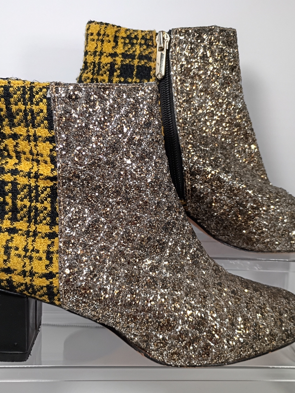Sam Edelman Gold Glitter Plaid Ankle Boot Block Heel Zip Round Toe Women's 7